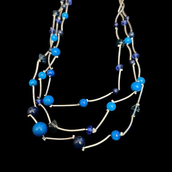 The Limited Three Strand Blue Beaded Acrylic Pearl Silver Tone Necklace - NWT - Picture 2 of 5